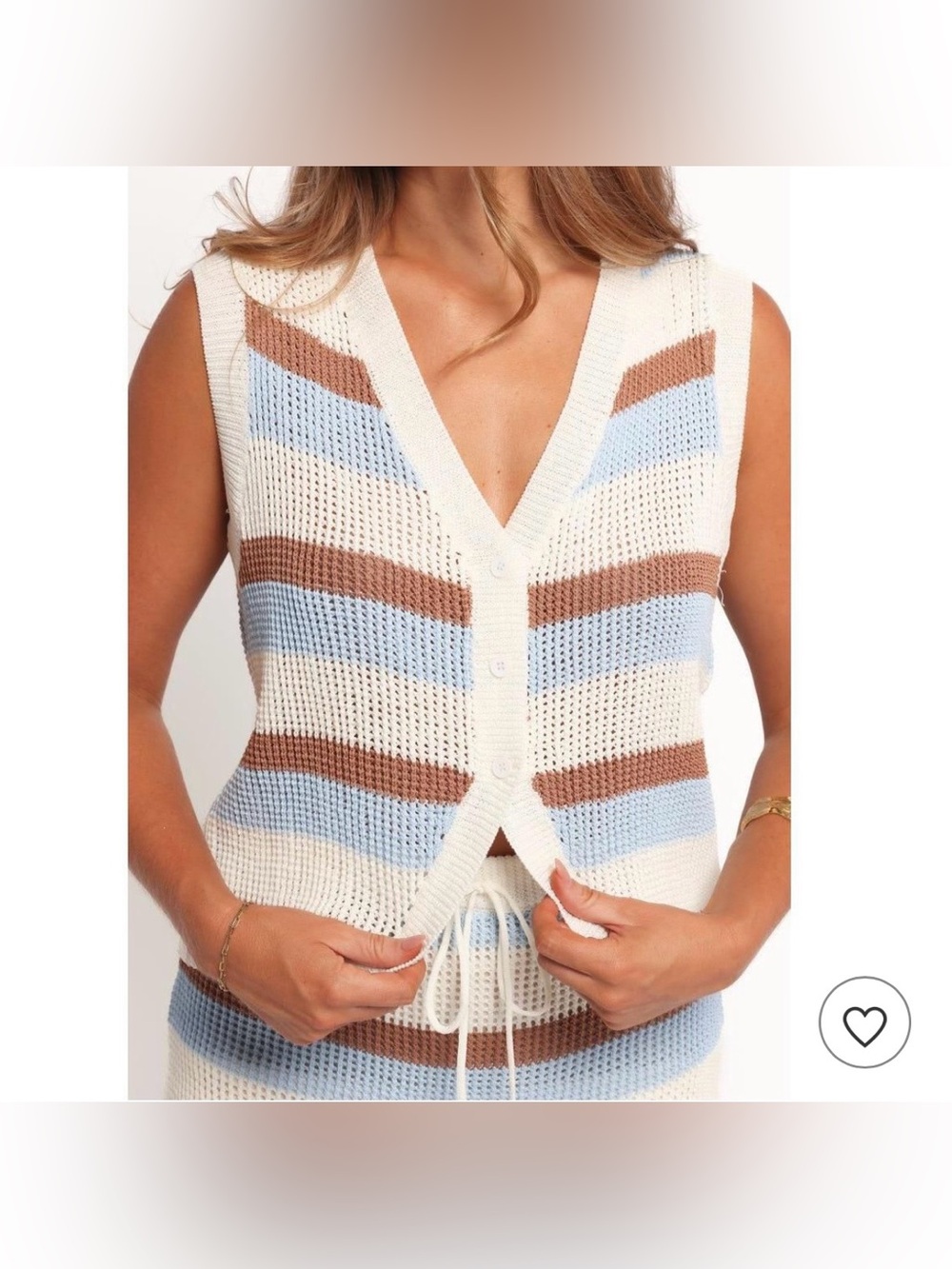 Petal & Pup Talia Cream Striped V-Neck Button Sweater Vest with Blue & Brown